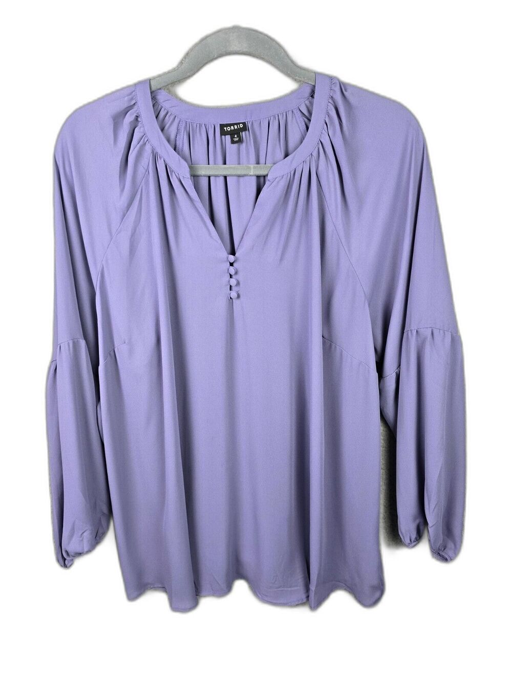 Torrid Blouse Purple 4 4X Bishop Sleeve Boho Flowy Split Neck